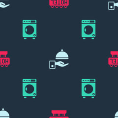 Set Signboard with text Hotel, Covered tray and Washer on seamless pattern. Vector