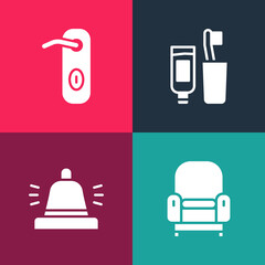 Set pop art Armchair, Hotel service bell, Toothbrush and toothpaste and Door handle icon. Vector