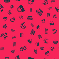 Set Heating radiator, Bellboy hat, Taxi car and Signboard with text Hotel on seamless pattern. Vector