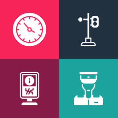 Set pop art Train conductor, Information stand, traffic light and station clock icon. Vector