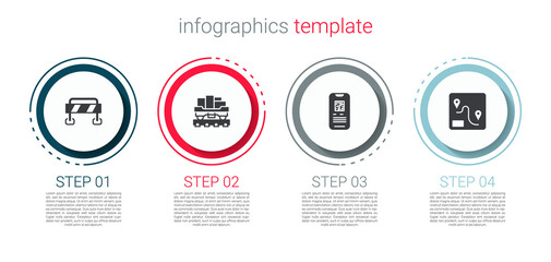 Set Road barrier, Cargo train wagon, E-ticket and Route location. Business infographic template. Vector