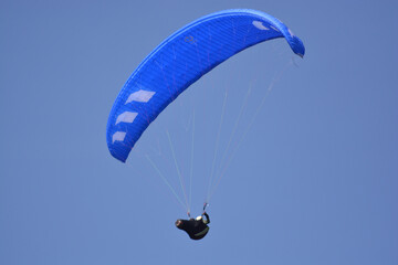 blue paraglider on the blue sky in the sunshine