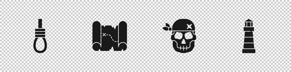 Set Gallows rope loop hanging, Pirate treasure map, Skull and Lighthouse icon. Vector