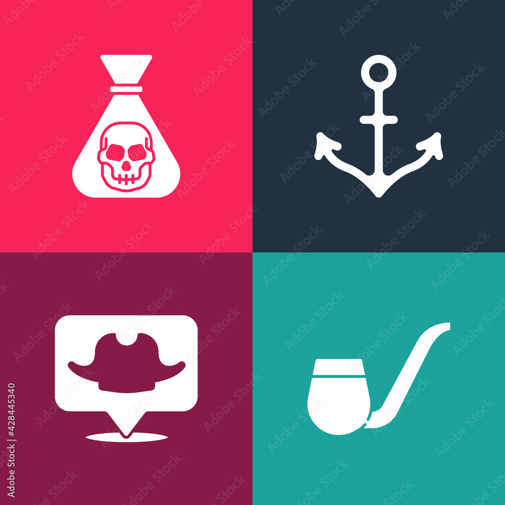 Canvas Prints set pop art smoking pipe, location pirate, anchor and pirate coin icon. vector