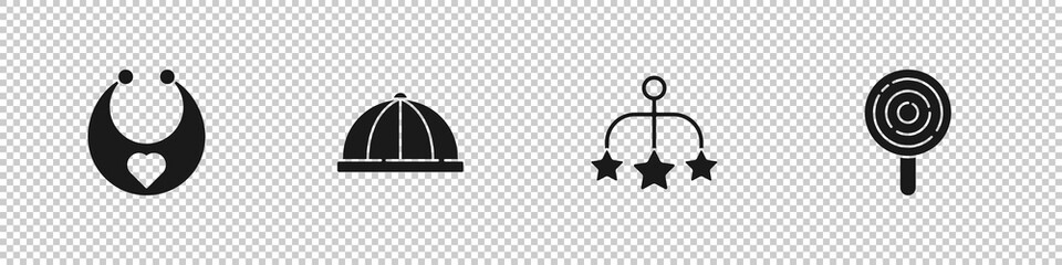 Set Baby bib, hat, crib hanging toys and Lollipop icon. Vector