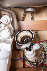 Broken sink in the kitchen. Clogged sink drain. Plumbing services. Drain and osmotic water...