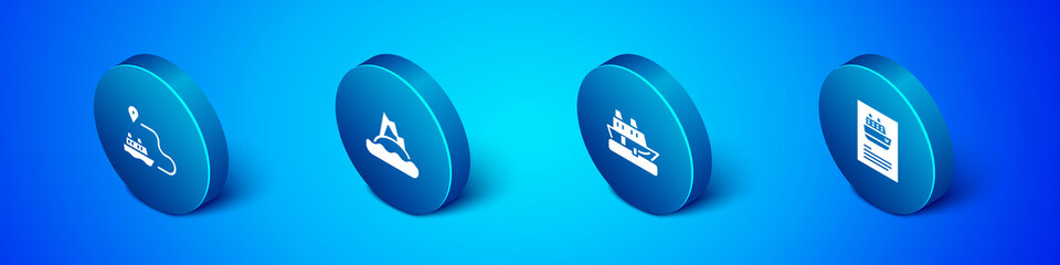 Set Isometric Ship line path, Cruise ship, and Tropical island ocean icon. Vector