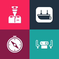 Set pop art Poker table, Compass, Lifeboat and Captain of ship icon. Vector