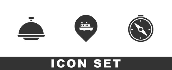 Set Covered with tray, Location cruise ship and Compass icon. Vector