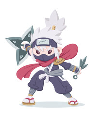 Cute style Ninja in fighting stance cartoon illustration
