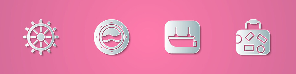 Fototapeta premium Set paper cut Ship steering wheel, porthole with seascape, Lifeboat and Suitcase icon. Paper art style. Vector