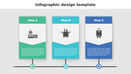 Set Airport control tower, Trolley for food and Suitcase. Business infographic template. Vector