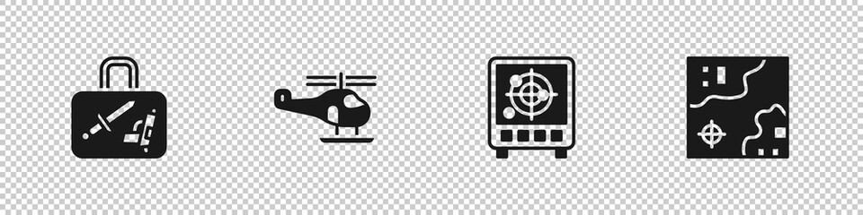 Set Suitcase, Helicopter, Radar with targets on monitor and World travel map icon. Vector