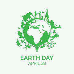 Earth Day concept with animals and plants vector. Planet Earth with fauna and flora icon. Environmental concept. Wild animals green silhouette vector. Earth Day Poster, April 22. Important day