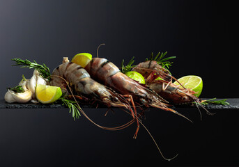 Fresh tiger prawns with lime, rosemary and garlic on a black background.