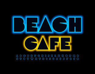 Vector colorful Sign Beach Cafe. Bright glowing Font. Neon Alphabet Letters and Numbers set