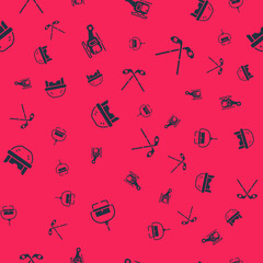 Set Ski lift, Rescue helicopter, Hockey helmet and Ice hockey sticks on seamless pattern. Vector
