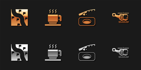 Set Route location, Hot chocolate cup, Winter fishing and Rescue helicopter icon. Vector