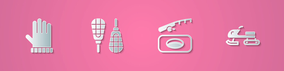 Obraz premium Set paper cut Christmas mitten, Snowshoes, Winter fishing and Snowmobile icon. Paper art style. Vector