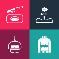 Set pop art Christmas sweater, Ski lift, Road traffic signpost and Winter fishing icon. Vector