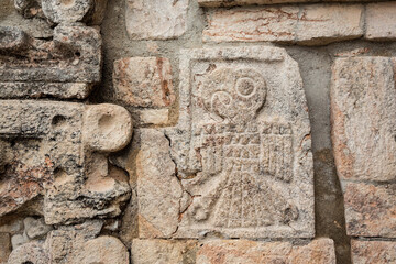 Eagle carving on wall of Mayan grand pyramid ruins in Uxmal, Yucatan, Mexico