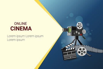 Online cinema art movie poster design with  movie projector and Disc with movie reel film-strip. cinematography concept.  vector illustration