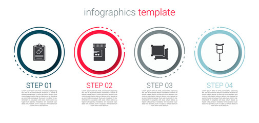Set Medical prescription, Medicine bottle and pills, Pillow and Crutch or crutches. Business infographic template. Vector