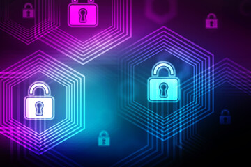 2d illustration safety concept: Closed padlock icon on digital data background. Geometric background with a gradient of blue and purple colors, polygonal frames.