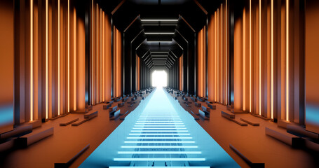 3d rendering orange and blue neon sci fi corridor background.