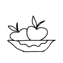 Vector outline illustration of two fresh apples with leaves isolated on a plate