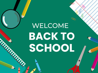 Back to school with colorful school supplies, educational items and text for shopping discount promotion. Vector illustration.