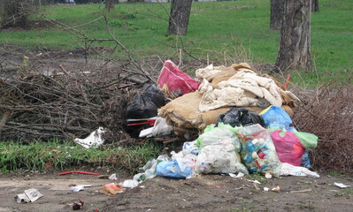 Environmental pollution of nature. A pile of rubbish lies by the tree trunks