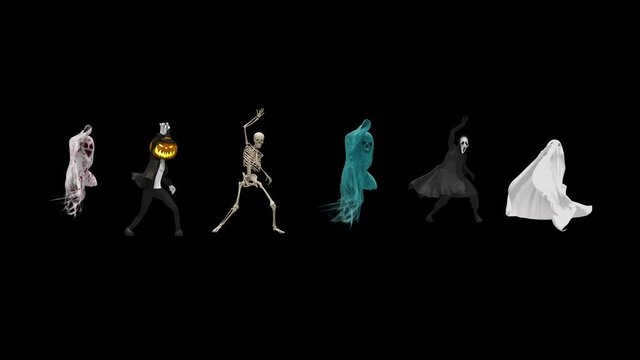 Halloween day. Ghost character bone dancing. 3d rendering, realistic CGI,3d mapping cartoon, Included in the end of the clip with Alpha matte.