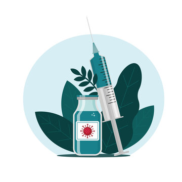 Coronavirus Vaccine Bottle And Syringe With A Dose Of Vaccine. Vaccination Concept. Flat Vector Illustration.