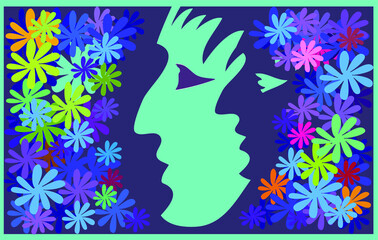 A face on a colorful floral background. For illustration purposes.