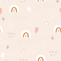 Seamless rainbow pattern on pastel background. Vector illustration for printing on fabric, packaging paper, clothing. Cute baby background.