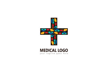 Medical Logo With Style Colorful stained glass window. Logo, emblem or icon with text. Thick line style flat style linear vector. Architecture or religious. Bright glass and color window. 