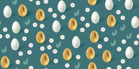 Seamless Easter background with white and golden eggs, flowers and tree branches. Flat lay repeating festive background for greeting cards and web banners.
