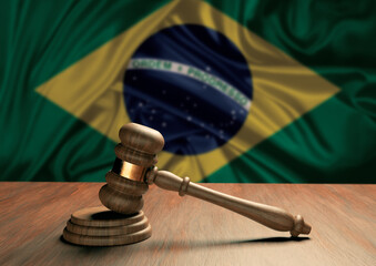 Wooden judge's gavel Symbol of law and justice with the flag of Brazil. Brazilian judicial system