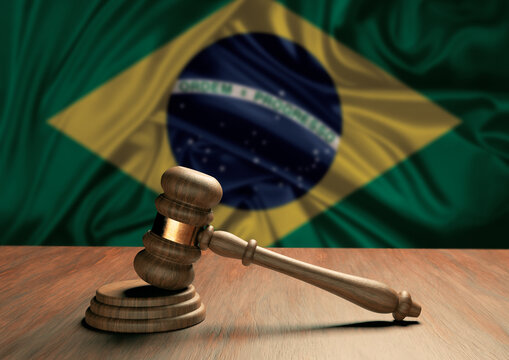 Wooden Judge's Gavel Symbol Of Law And Justice With The Flag Of Brazil. Brazilian Judicial System