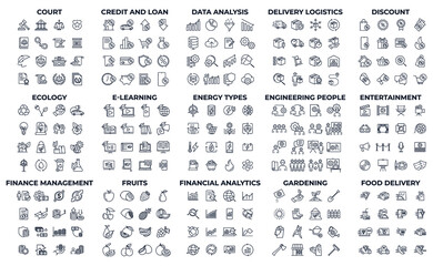 240 modern thin line icons. High quality pictograms. Linear icons set of Energy Types, Engineering People, Entertainment, etc symbol template for graphic and web design collection logo vector