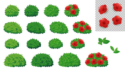 ハイビスカスの低木のイラスト素材セット_木の葉の茂み © ふわぷか