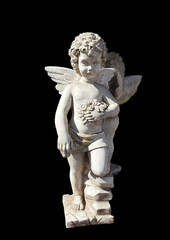 a statue with an angel on a black background