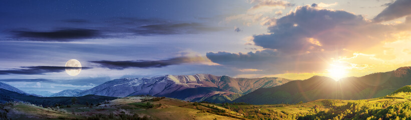 time change concept above mountainous rural panorama landscape in springtime with sun and moon....