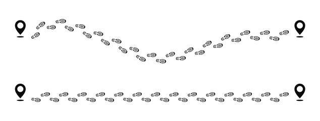 Obraz premium Tracking GPS routes with pin map. Step footprints paths. Human walking footprints shoes and shoe sole. Shoe sole with pins. Shoe tread footprints. Vector illustration