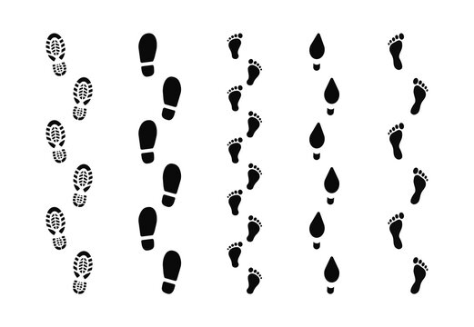 Set of human footprints isolated on white background. Step footprints paths. Footstep prints and shoe steps. Male and female footprints. Shoe tread footprints. Baby foot marks. Vector