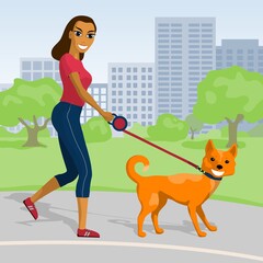 Happy young woman walking with her dog in the park. Vector illustration.