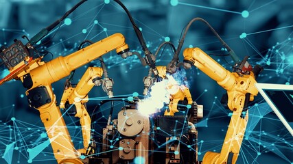 Smart industry robot arms modernization for innovative factory technology . Concept of automation...