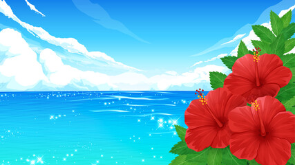 ハイビスカスの花と海の風景の背景イラスト_16:9