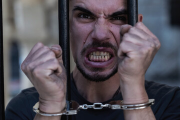 Portrait of upset handcuffed man imprisoned for crime, punished for serious villainy.